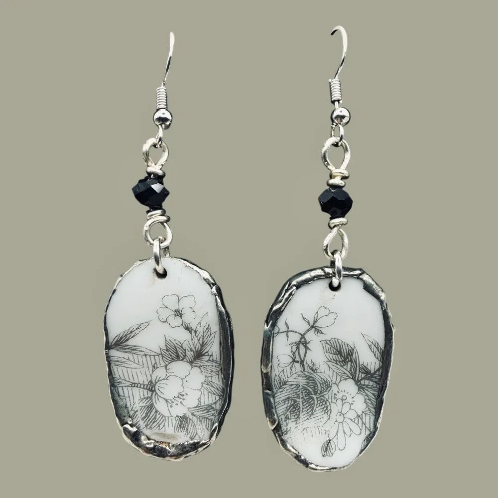 Florentine Sango Broken China Earrings - Vintage Floral Sterling Silver Dangles - Picture 4 of 14